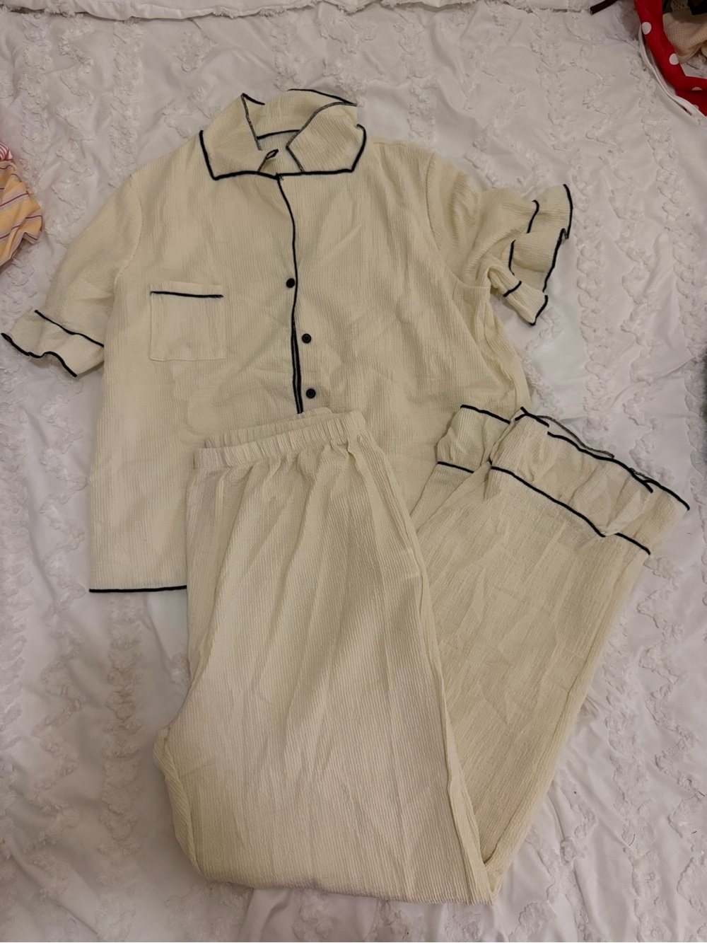 Cream Women's Two-Piece Pajama Set with Black Piping